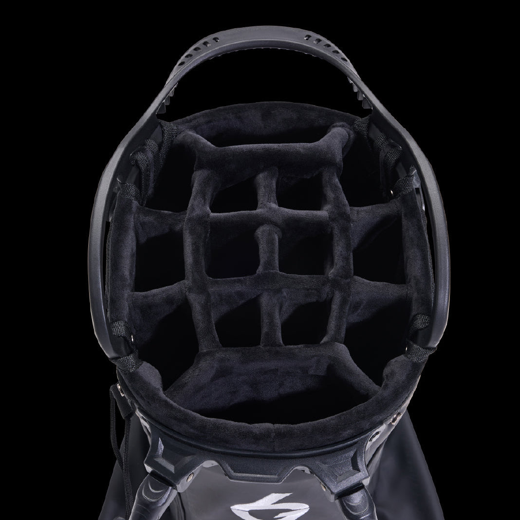 Black golf stand bag with 14 individual club dividers, padded handles, and side pockets visible from overhead view.