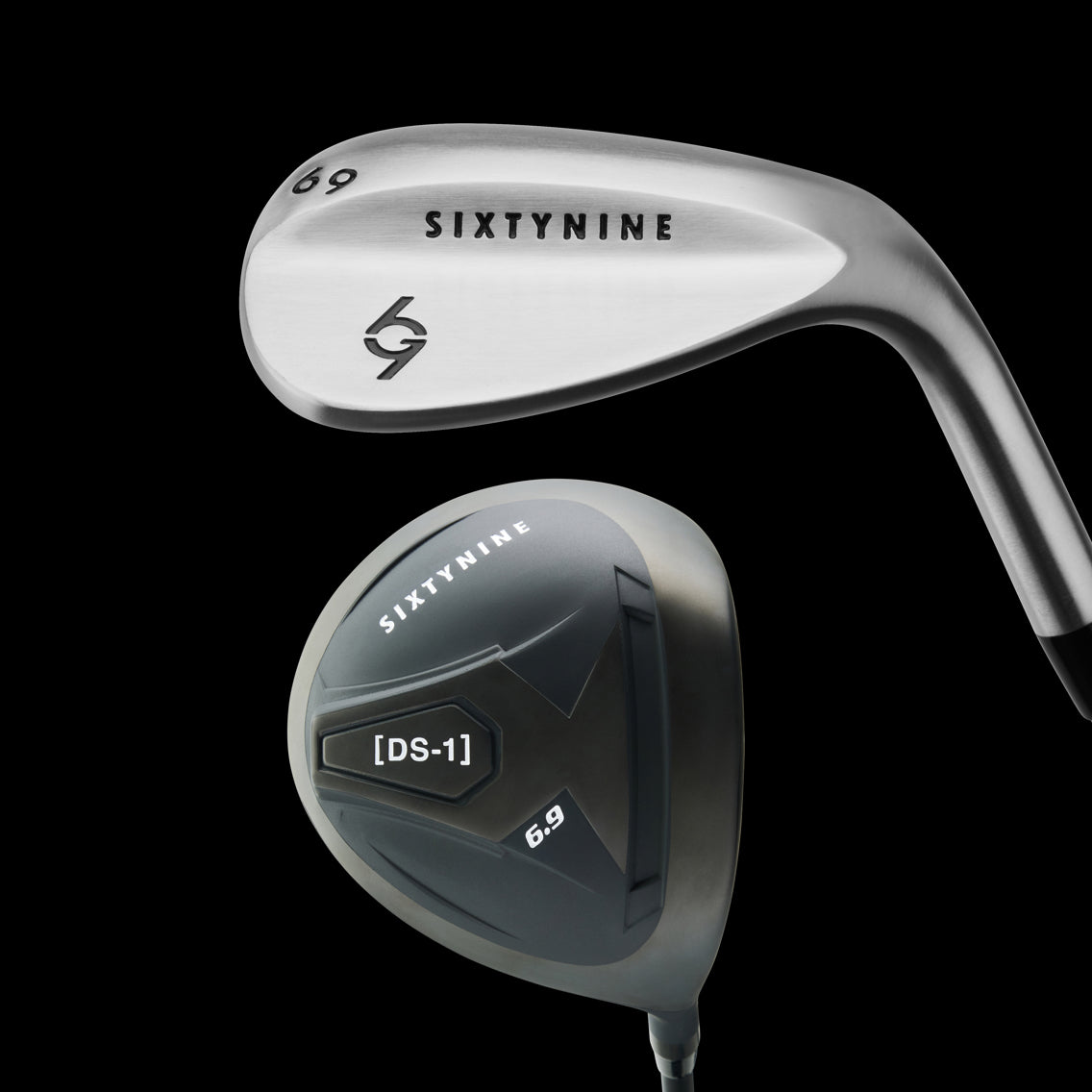 Two Sixtynine golf clubs displayed against black background: a silver wedge at top and a dark driver labeled DS-1 below.