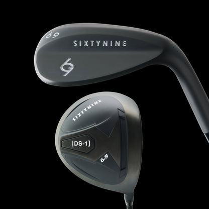 Black golf clubs from Sixtynine brand featuring a 69 wedge and DS-1 driver with silver accents.